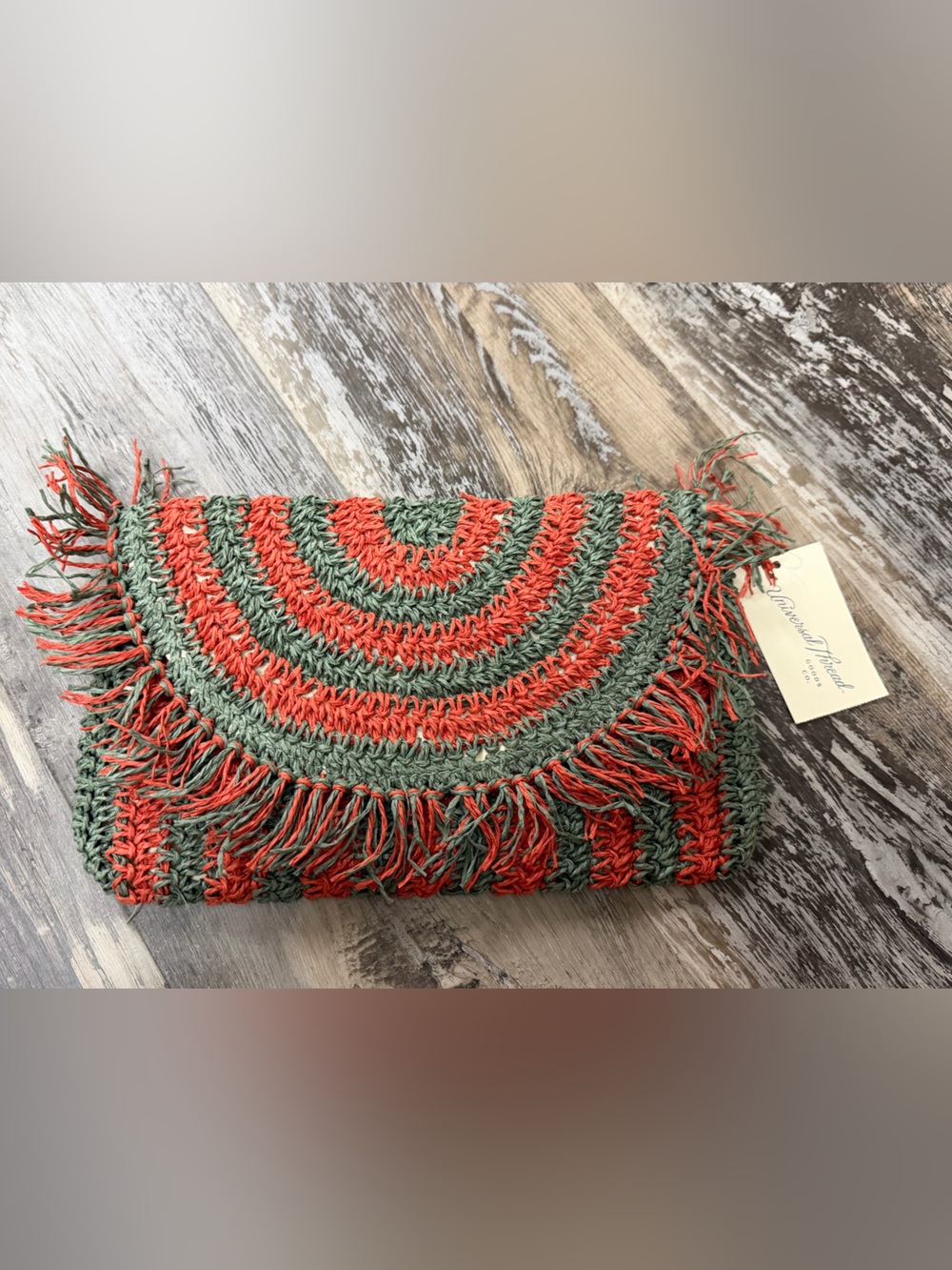 NWT Handwoven Fringe Clutch - Orange & Green